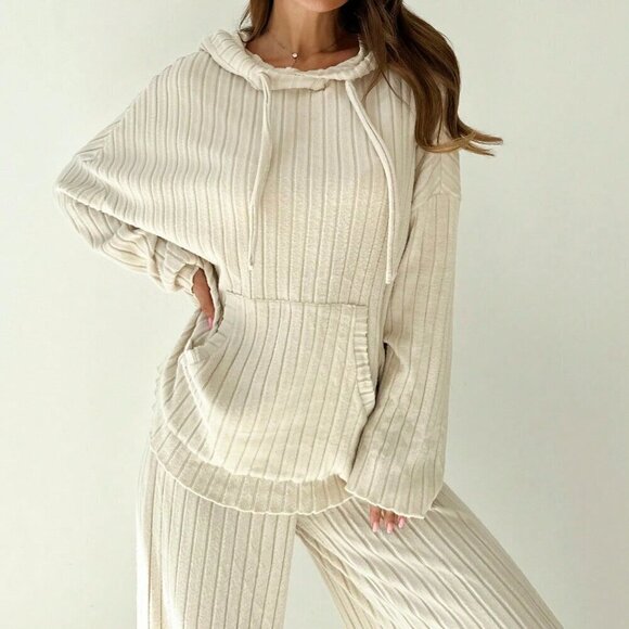 Khaki Casual Women's Hooded Sweatshirt & Wide Leg Pants Rib Knit Loungewear Set - Picture 5 of 7